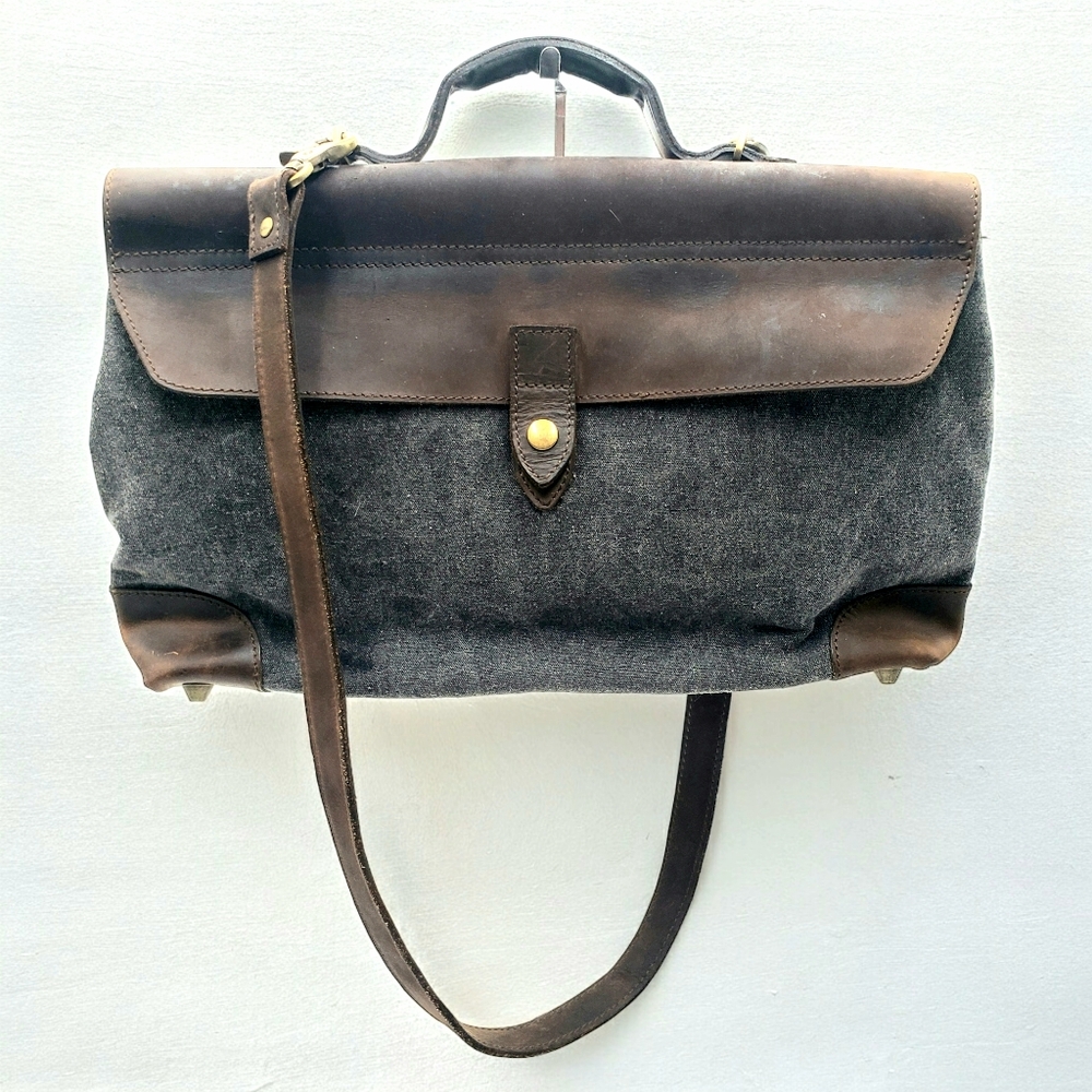 Cosset Calf Leather Canvas Messenger Bag Mens Womens Brown Grey Unisex Studded - Picture 2 of 16